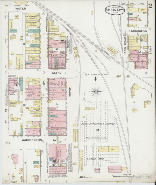 Sanborn Fire Insurance Map from Union City, Obion County, Tennessee (1887), Sheet #0002 - Historic Sanborn Fire Insurance Map Print, vintage old map wall art, antique decor, genealogy gift, Tennessee Tennessee map