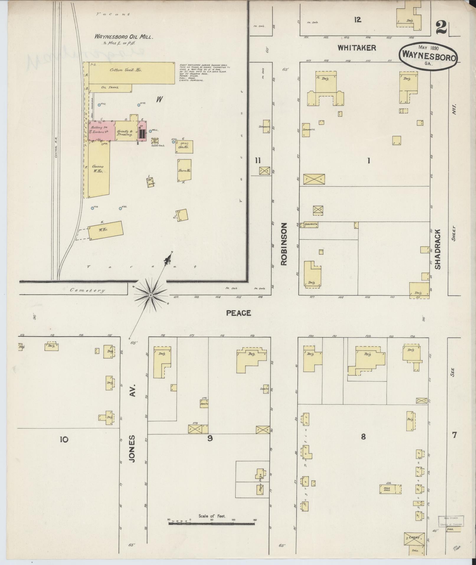 Sanborn Fire Insurance Map from Waynesboro, Burke County, Georgia (1890), Sheet #0002 - Complete Map Set gallery image, historic Sanborn map, vintage wall art, Georgia Georgia