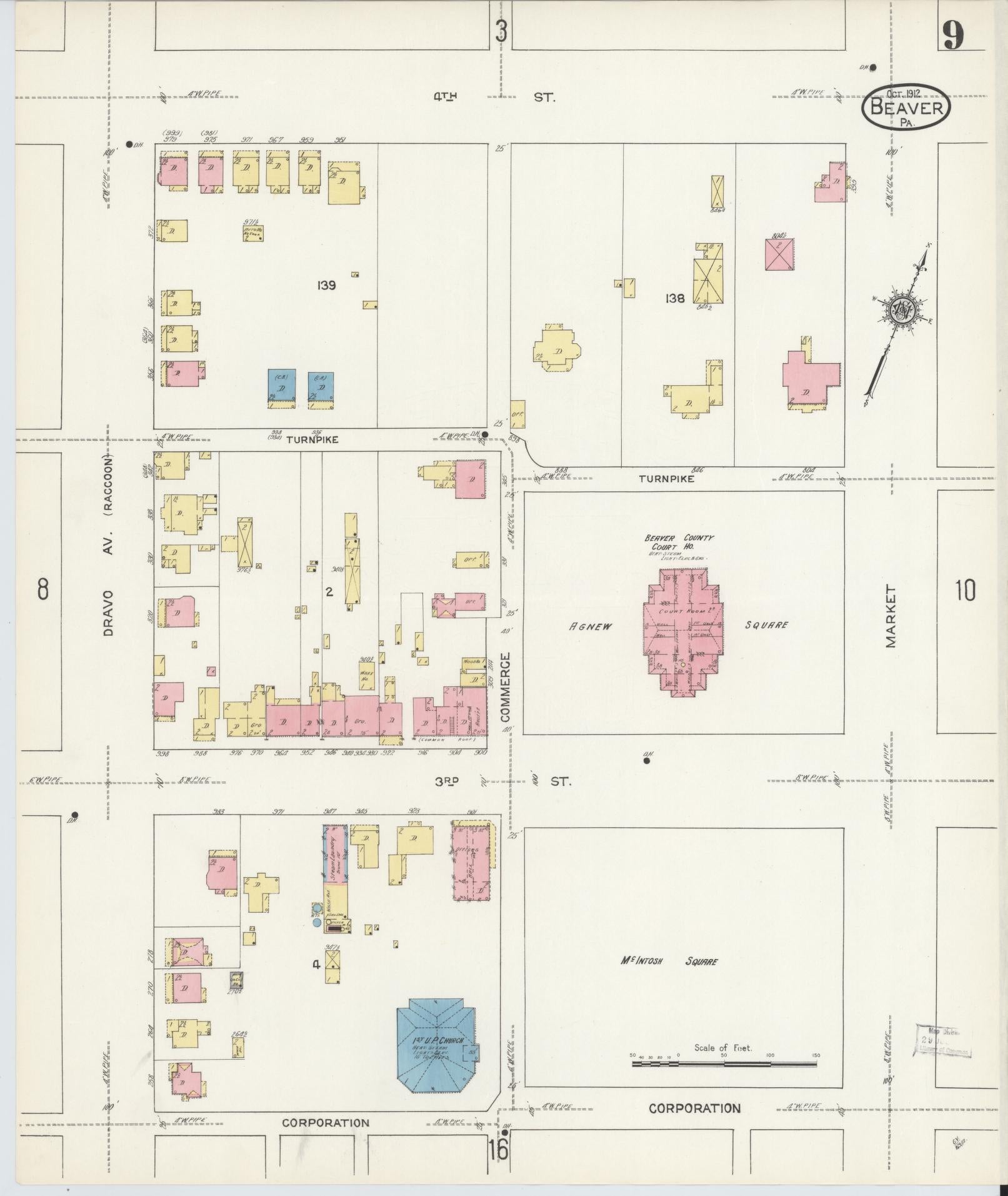 Sanborn Fire Insurance Map from Beaver, Beaver County, Pennsylvania (1912), Sheet #0009 - Historic Sanborn Fire Insurance Map Print, vintage old map wall art, antique decor, genealogy gift, Pennsylvania Pennsylvania map