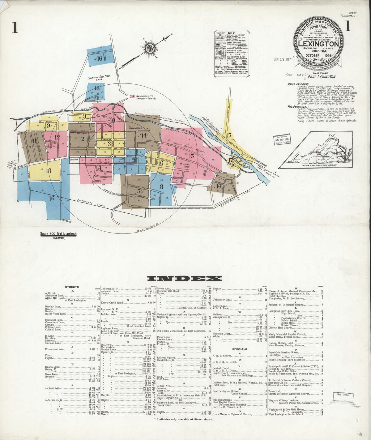 Sanborn Fire Insurance Map from Lexington, Independent Cities, Virginia (1926), Sheet #0001 - Complete Map Set gallery image, historic Sanborn map, vintage wall art, Virginia Virginia