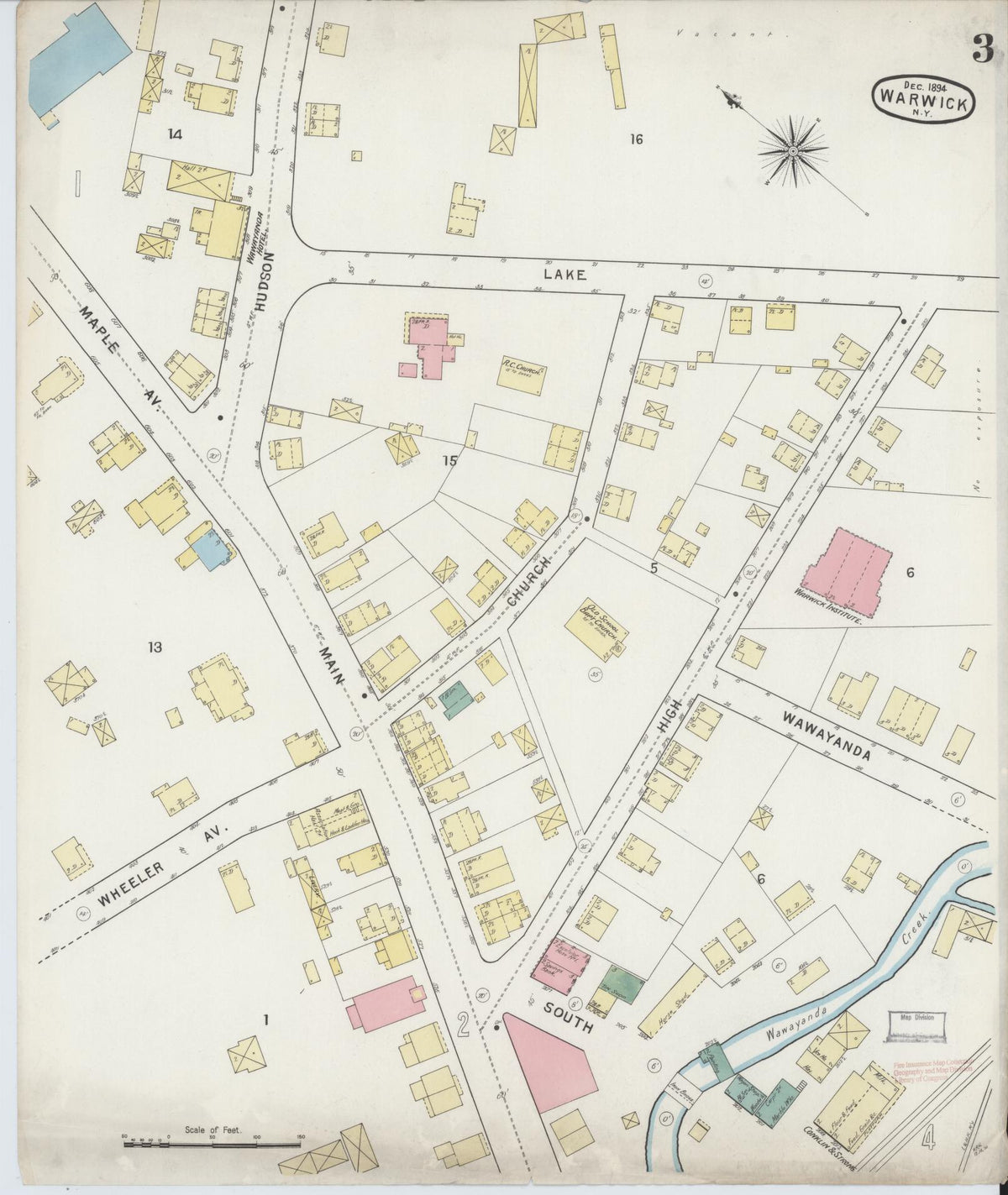 Sanborn Fire Insurance Map from Warwick, Orange County, New York (1894), Sheet #0003 - Complete Map Set gallery image, historic Sanborn map, vintage wall art, New York New York