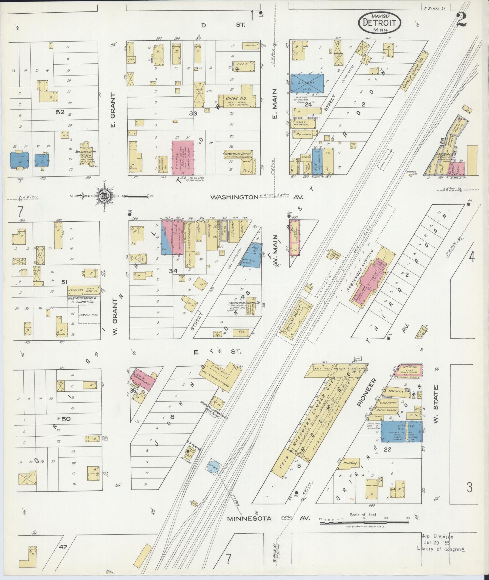 Sanborn Fire Insurance Map from Detroit Lakes, Becker County, Minnesota (1917), Sheet #0002 - Historic Sanborn Fire Insurance Map Print, vintage old map wall art, antique decor, genealogy gift, Minnesota Minnesota map