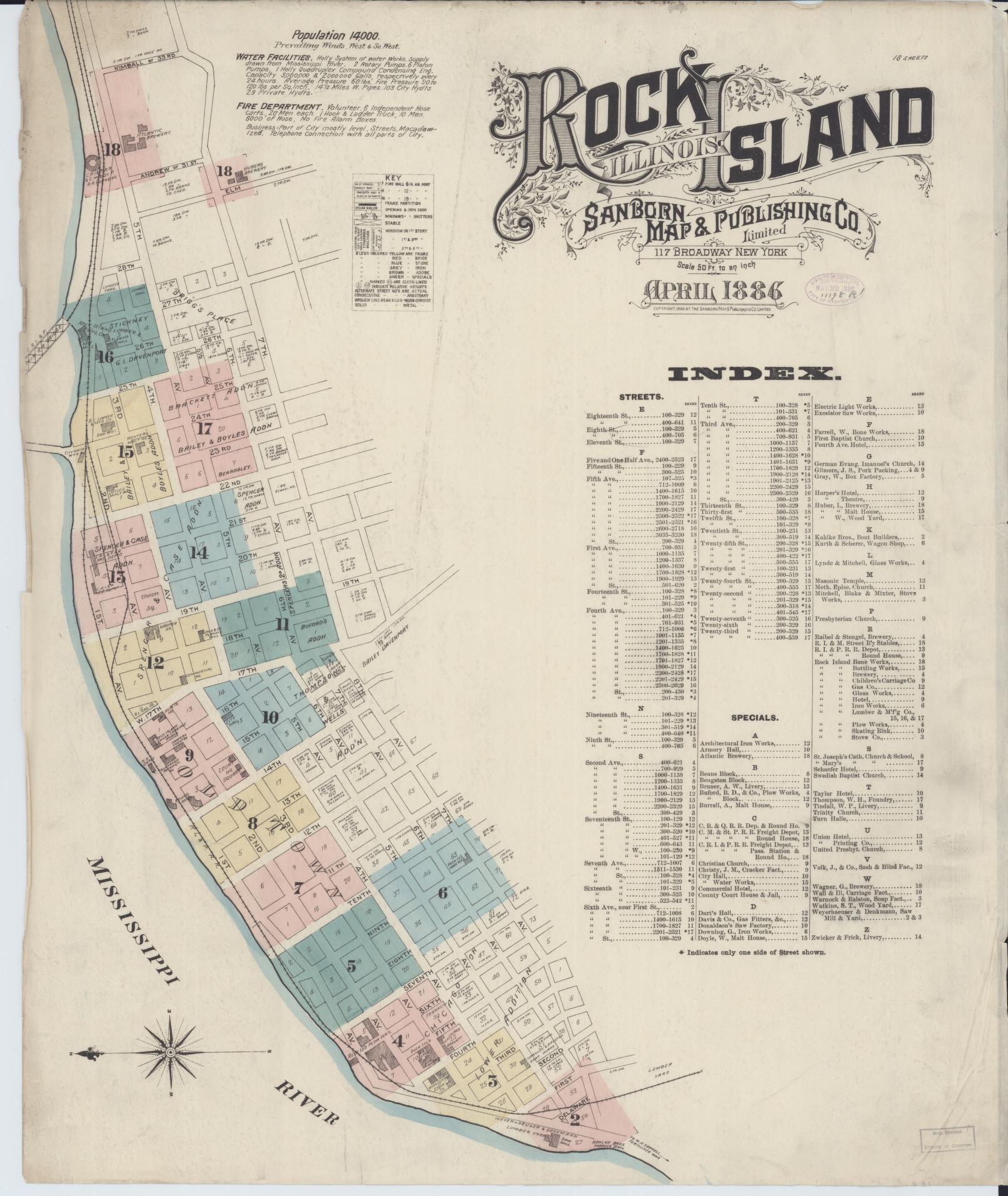 Sanborn Fire Insurance Map from Rock Island, Rock Island County, Illinois (1886), Sheet #0001 - Historic Sanborn Fire Insurance Map Print, vintage old map wall art, antique decor, genealogy gift, Illinois Illinois map