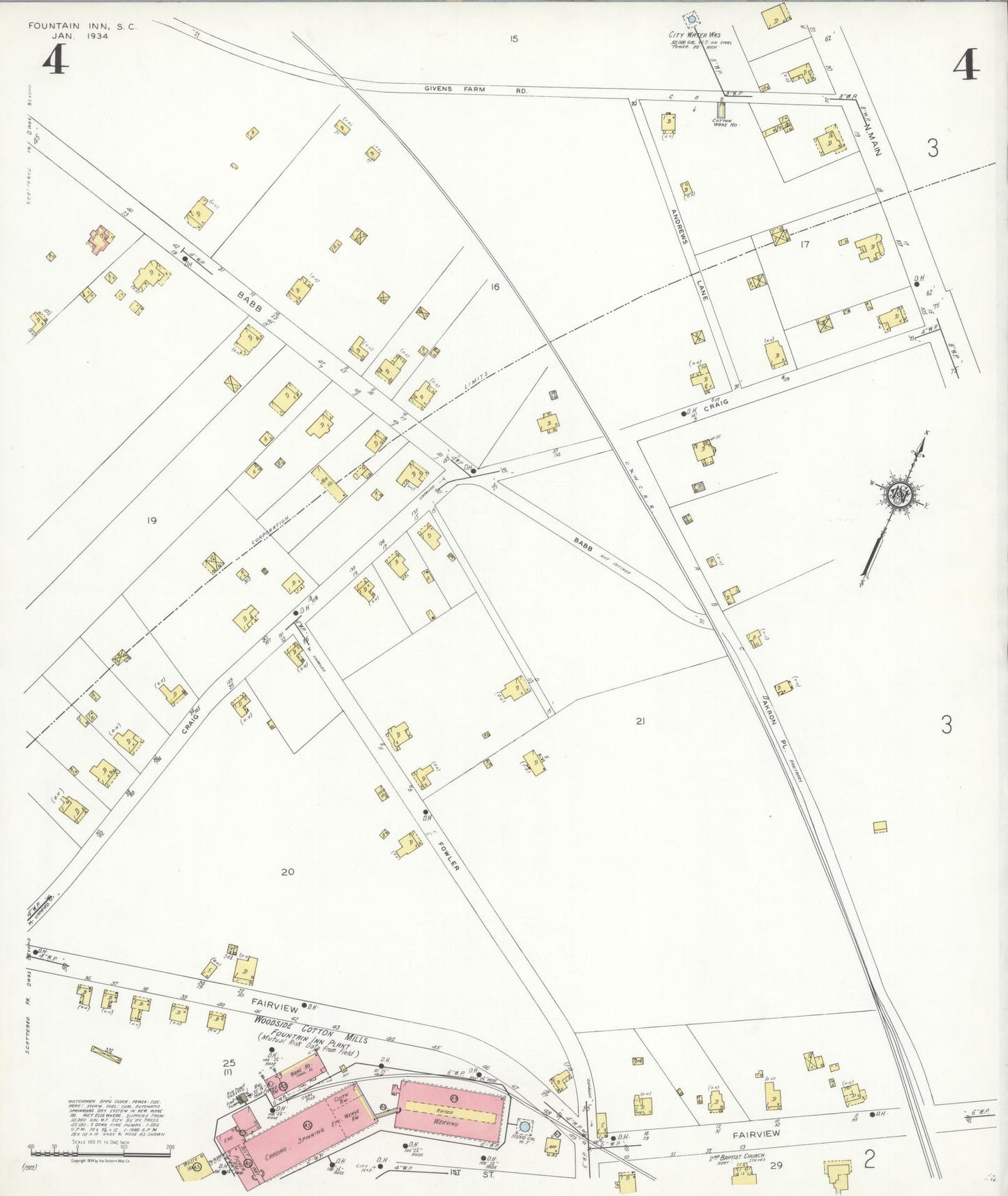 Sanborn Fire Insurance Map from Fountain Inn, Greenville And Laurens County, South Carolina (1934), Sheet #0004 - Complete Map Set gallery image, historic Sanborn map, vintage wall art, South Carolina South Carolina