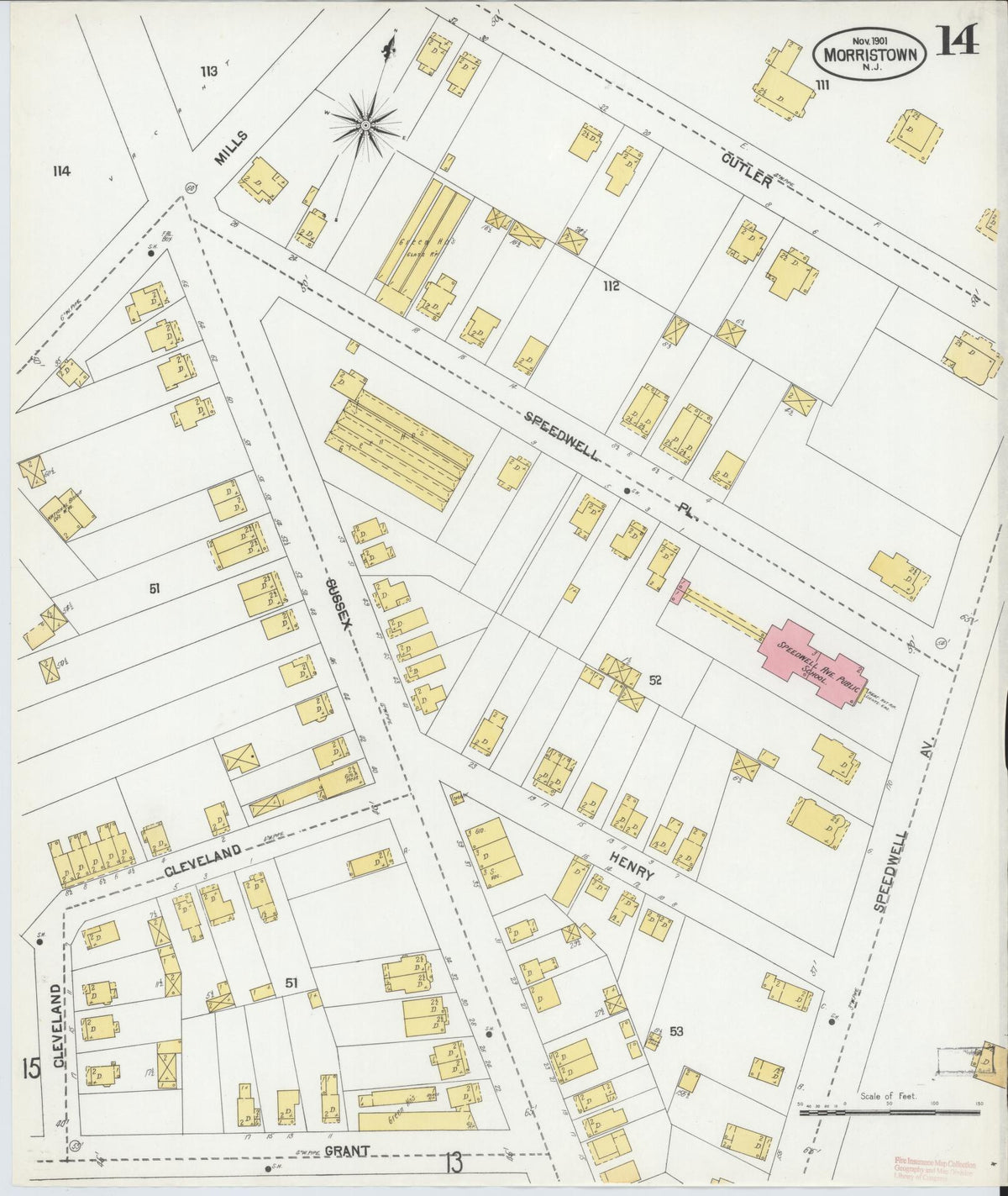 Sanborn Fire Insurance Map from Morristown, Morris County, New Jersey (1901), Sheet #0014 - Historic Sanborn Fire Insurance Map Print, vintage old map wall art, antique decor, genealogy gift, New Jersey New Jersey map