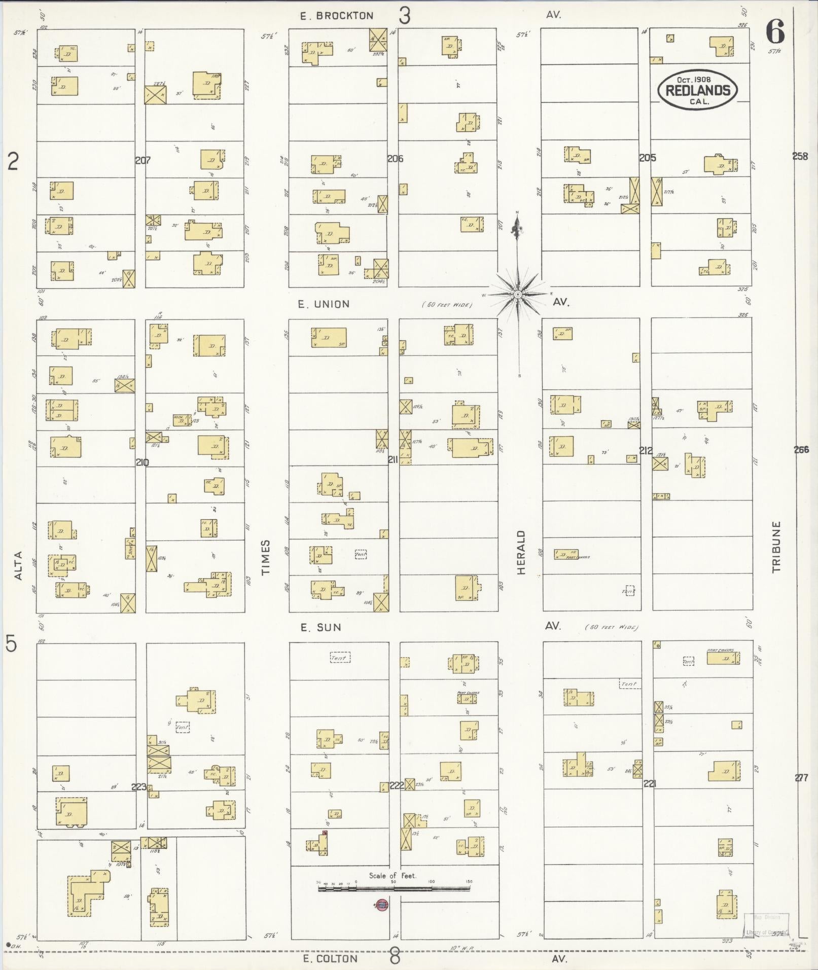 Sanborn Fire Insurance Map from Redlands, San Bernardino County, California (1908), Sheet #0006 - Complete Map Set gallery image, historic Sanborn map, vintage wall art, California California