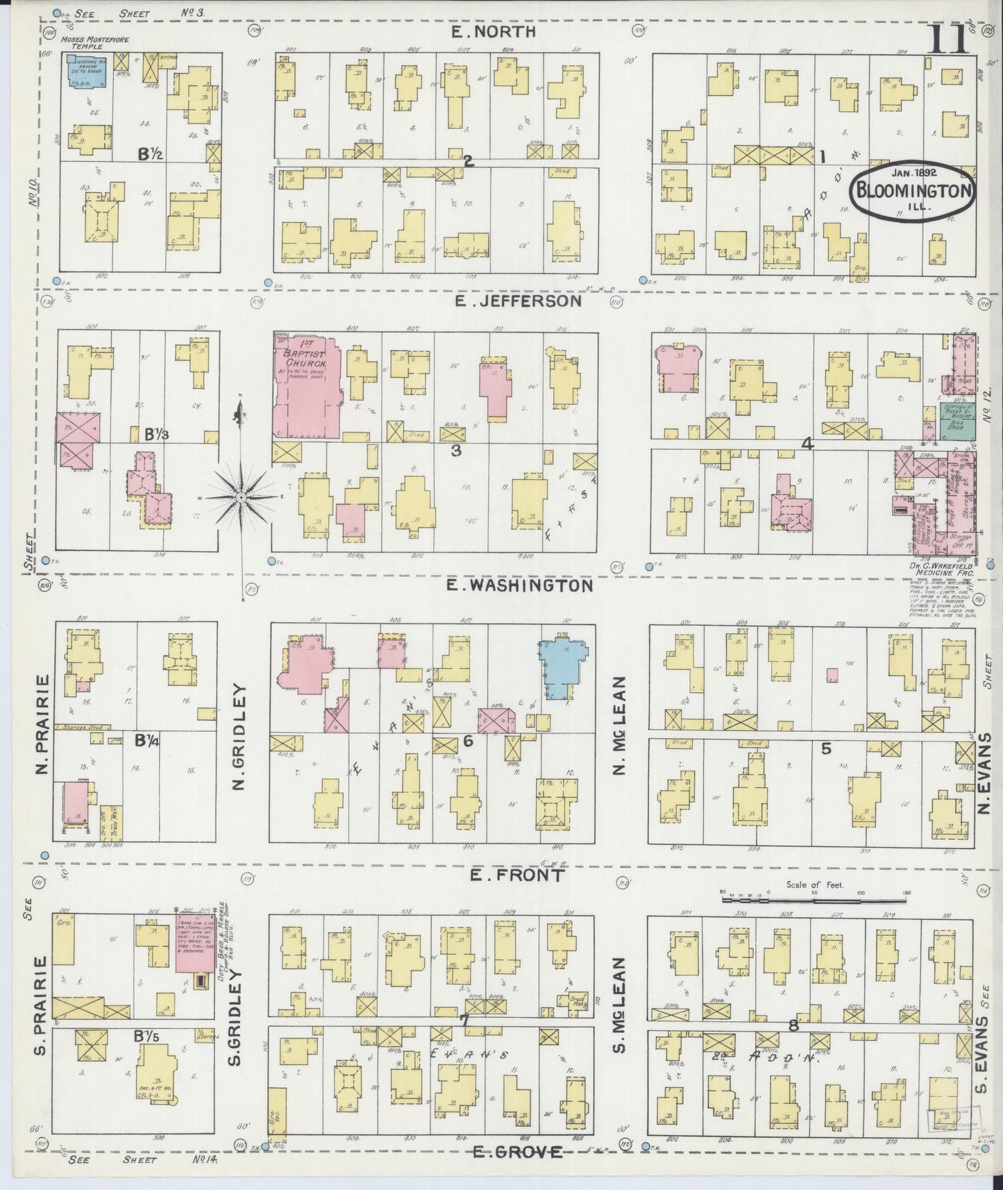 Sanborn Fire Insurance Map from Bloomington, McLean County, Illinois (1892), Sheet #0011 - Complete Map Set gallery image, historic Sanborn map, vintage wall art, Illinois Illinois