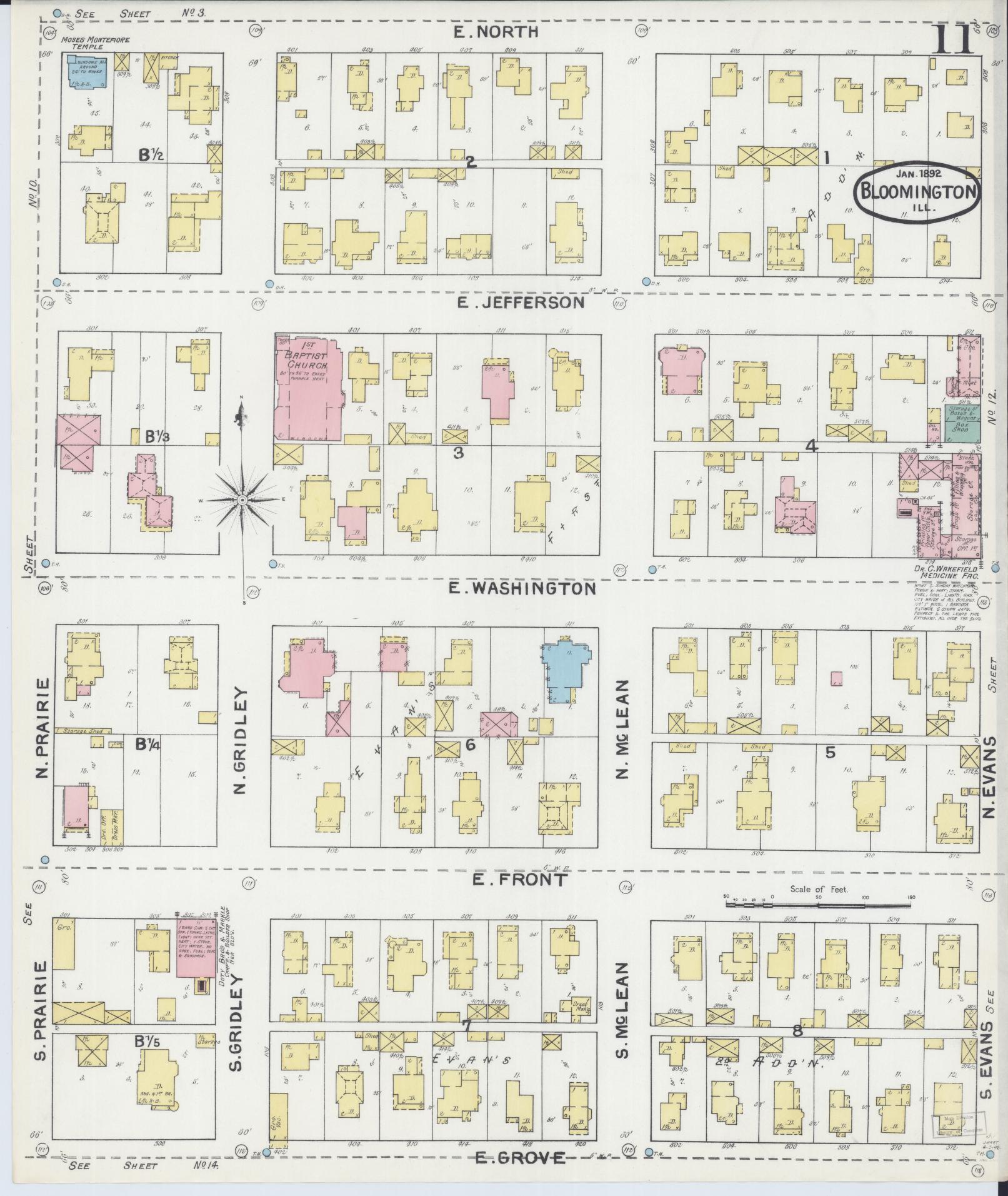Sanborn Fire Insurance Map from Bloomington, McLean County, Illinois (1892), Sheet #0011 - Complete Map Set gallery image, historic Sanborn map, vintage wall art, Illinois Illinois
