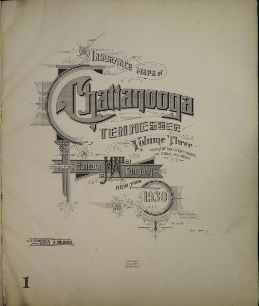 Sanborn Fire Insurance Map from Chattanooga, Hamilton County, Tennessee (1930), Sheet #0001 - Historic Sanborn Fire Insurance Map Print, vintage old map wall art, antique decor, genealogy gift, Tennessee Tennessee map