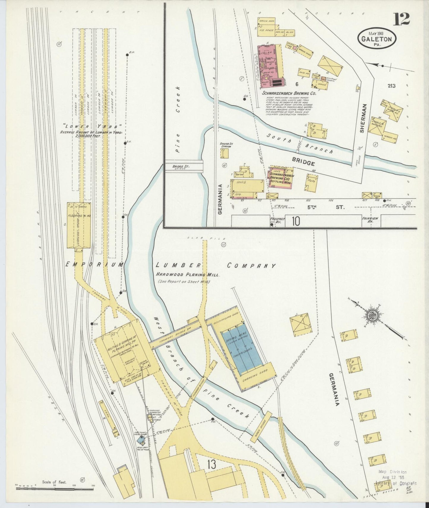 Sanborn Fire Insurance Map from Galeton, Potter County, Pennsylvania (1911), Sheet #0012 - Historic Sanborn Fire Insurance Map Print, vintage old map wall art, antique decor, genealogy gift, Pennsylvania Pennsylvania map