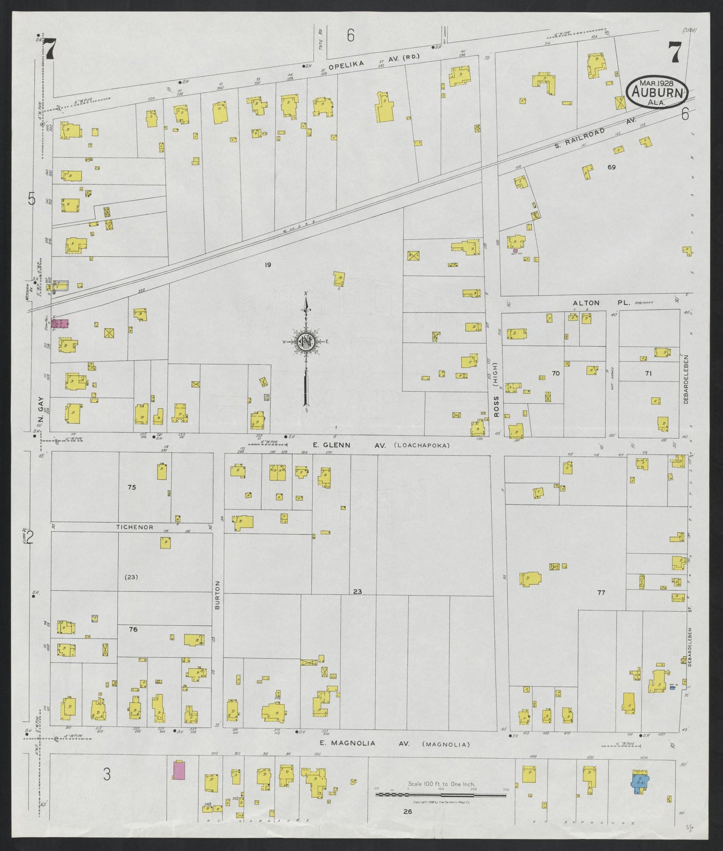 Sanborn Fire Insurance Map from Auburn, Lee County, Alabama (1928), Sheet #0007 - Historic Sanborn Fire Insurance Map Print, vintage old map wall art, antique decor, genealogy gift, Alabama Alabama map