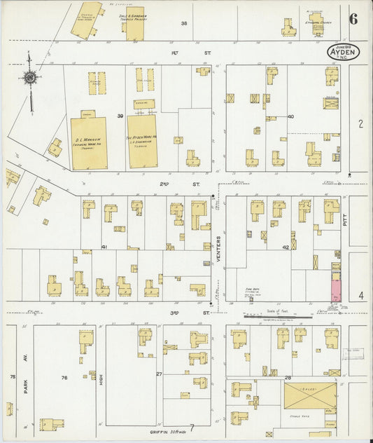 Sanborn Fire Insurance Map from Ayden, Pitt County, North Carolina (1919), Sheet #0006 - Historic Sanborn Fire Insurance Map Print, vintage old map wall art, antique decor, genealogy gift, North Carolina North Carolina map
