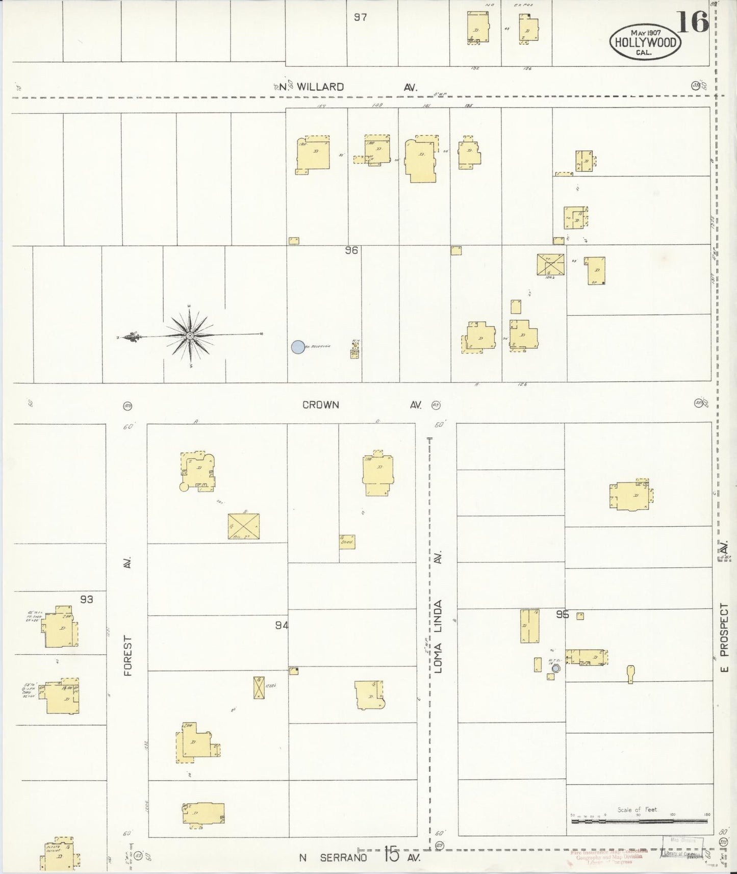 Sanborn Fire Insurance Map from Hollywood, Los Angeles County, California (1907), Sheet #0016 - Complete Map Set gallery image, historic Sanborn map, vintage wall art, California California