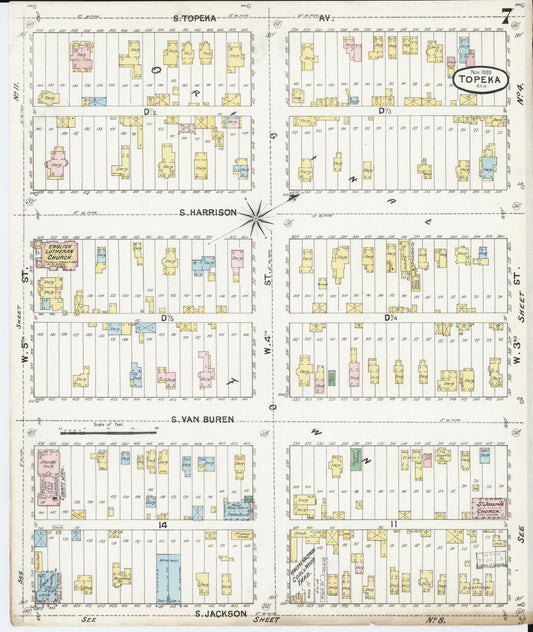 Sanborn Fire Insurance Map from Topeka, Shawnee County, Kansas (1889), Sheet #0008 - Historic Sanborn Fire Insurance Map Print, vintage old map wall art, antique decor, genealogy gift, Kansas Kansas map