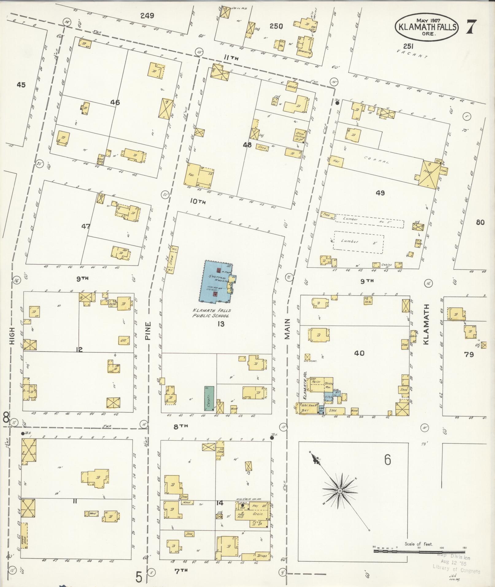 Sanborn Fire Insurance Map from Klamath Falls, Klamath County, Oregon (1907), Sheet #0007 - Historic Sanborn Fire Insurance Map Print, vintage old map wall art, antique decor, genealogy gift, Oregon Oregon map