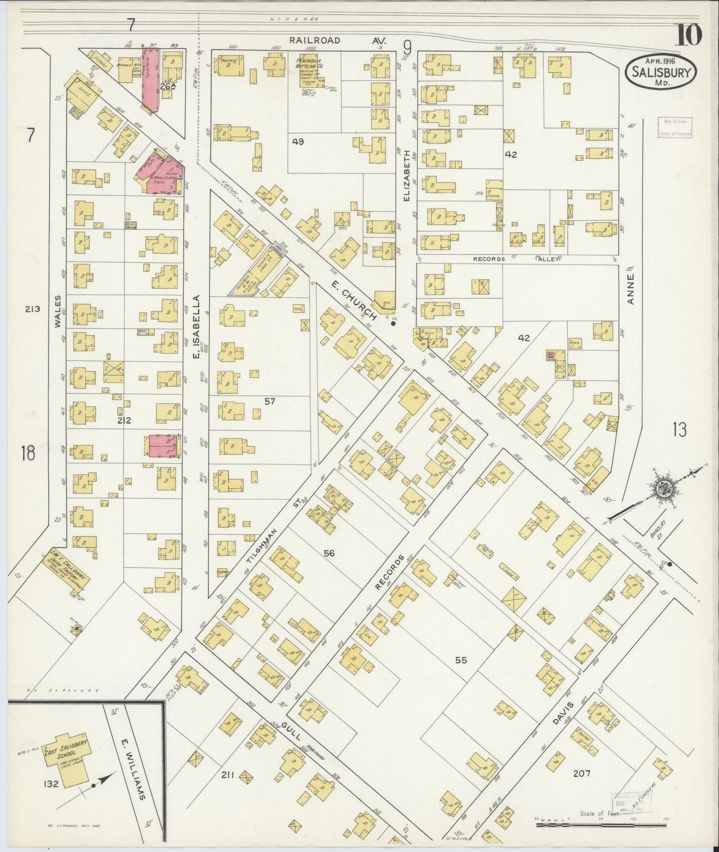 Sanborn Fire Insurance Map from Salisbury, Wicomico County, Maryland (1916), Sheet #0010 - Historic Sanborn Fire Insurance Map Print, vintage old map wall art