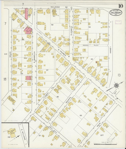 Sanborn Fire Insurance Map from Salisbury, Wicomico County, Maryland (1916), Sheet #0010 - Historic Sanborn Fire Insurance Map Print, vintage old map wall art