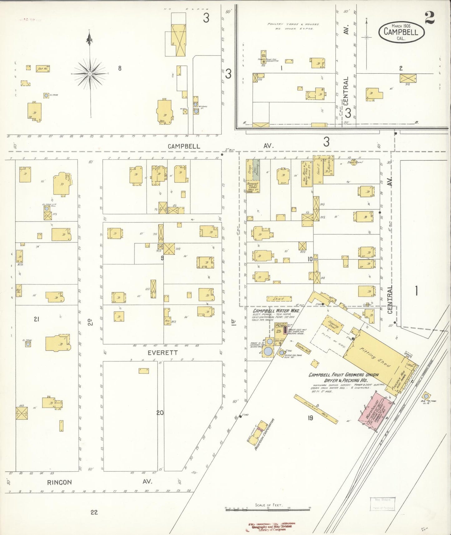 Sanborn Fire Insurance Map from Campbell, Santa Clara County, California (1905), Sheet #0002 - Historic Sanborn Fire Insurance Map Print, vintage old map wall art, antique decor, genealogy gift, California California map