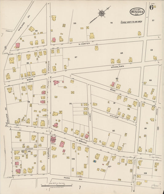Sanborn Fire Insurance Map from Winder, Barrow County, Georgia (1921), Sheet #0006 - Historic Sanborn Fire Insurance Map Print, vintage old map wall art, antique decor, genealogy gift, Georgia Georgia map