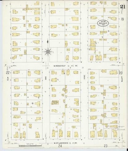 Sanborn Fire Insurance Map from Beloit, Rock County, Wisconsin (1908), Sheet #0021 - Historic Sanborn Fire Insurance Map Print, vintage old map wall art, antique decor, genealogy gift, Wisconsin Wisconsin map