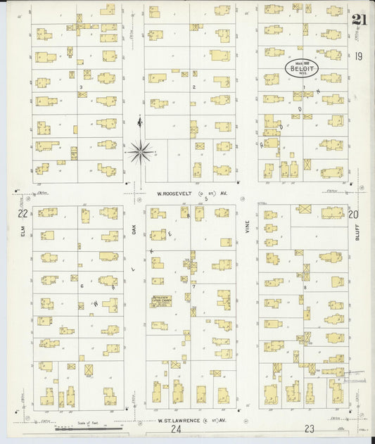 Sanborn Fire Insurance Map from Beloit, Rock County, Wisconsin (1908), Sheet #0021 - Historic Sanborn Fire Insurance Map Print, vintage old map wall art, antique decor, genealogy gift, Wisconsin Wisconsin map