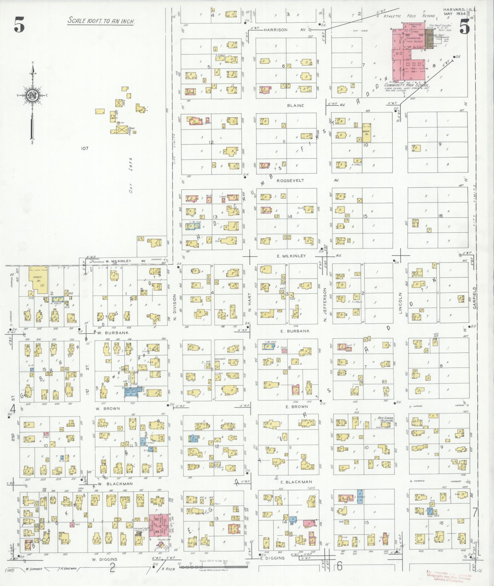 Sanborn Fire Insurance Map from Harvard, McHenry County, Illinois (1934), Sheet #0005 - Historic Sanborn Fire Insurance Map Print, vintage old map wall art, antique decor, genealogy gift, Illinois Illinois map