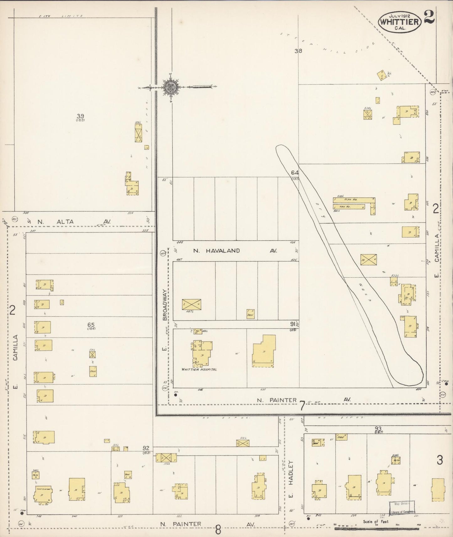 Sanborn Fire Insurance Map from Whittier, Los Angeles County, California (1912), Sheet #0002 - Complete Map Set gallery image, historic Sanborn map, vintage wall art, California California