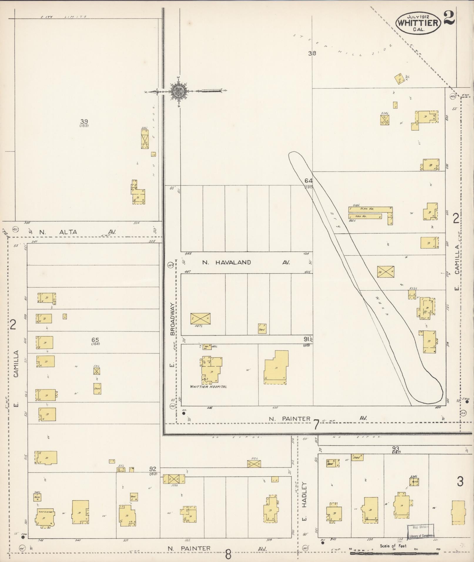 Sanborn Fire Insurance Map from Whittier, Los Angeles County, California (1912), Sheet #0002 - Complete Map Set gallery image, historic Sanborn map, vintage wall art, California California
