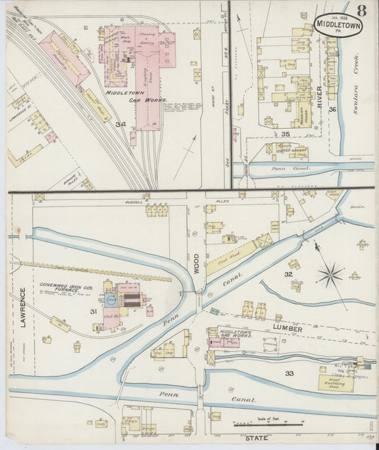 Sanborn Fire Insurance Map from Middletown, Dauphin County, Pennsylvania (1888), Sheet #0008 - Historic Sanborn Fire Insurance Map Print, vintage old map wall art, antique decor, genealogy gift, Pennsylvania Pennsylvania map