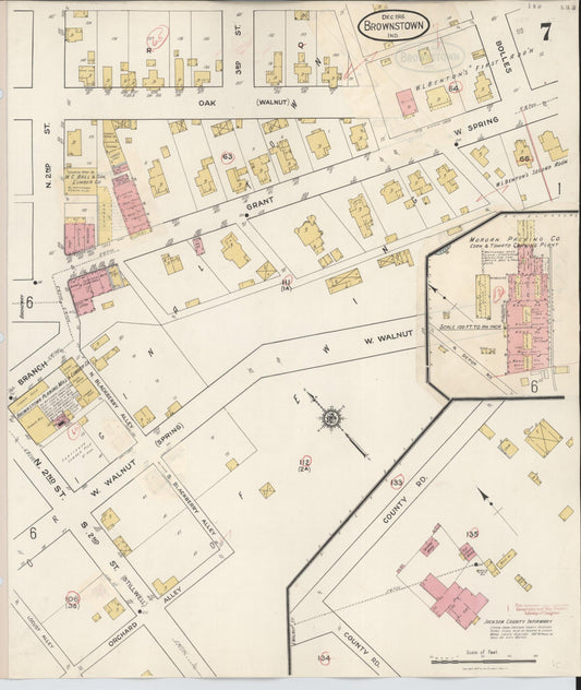 Sanborn Fire Insurance Map from Brownstown, Jackson County, Indiana (1933), Sheet #0007 - Historic Sanborn Fire Insurance Map Print, vintage old map wall art, antique decor, genealogy gift, Indiana Indiana map
