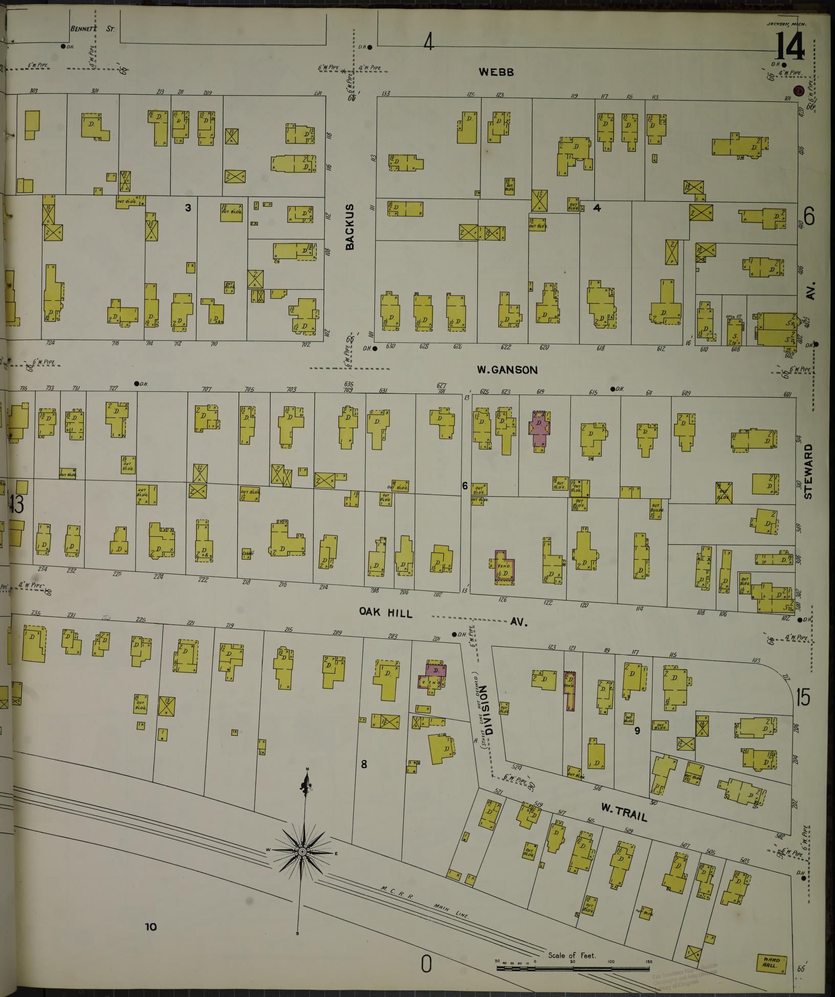 Sanborn Fire Insurance Map from Jackson, Jackson County, Michigan (1907), Sheet #0014 - Complete Map Set gallery image, historic Sanborn map, vintage wall art, Michigan Michigan
