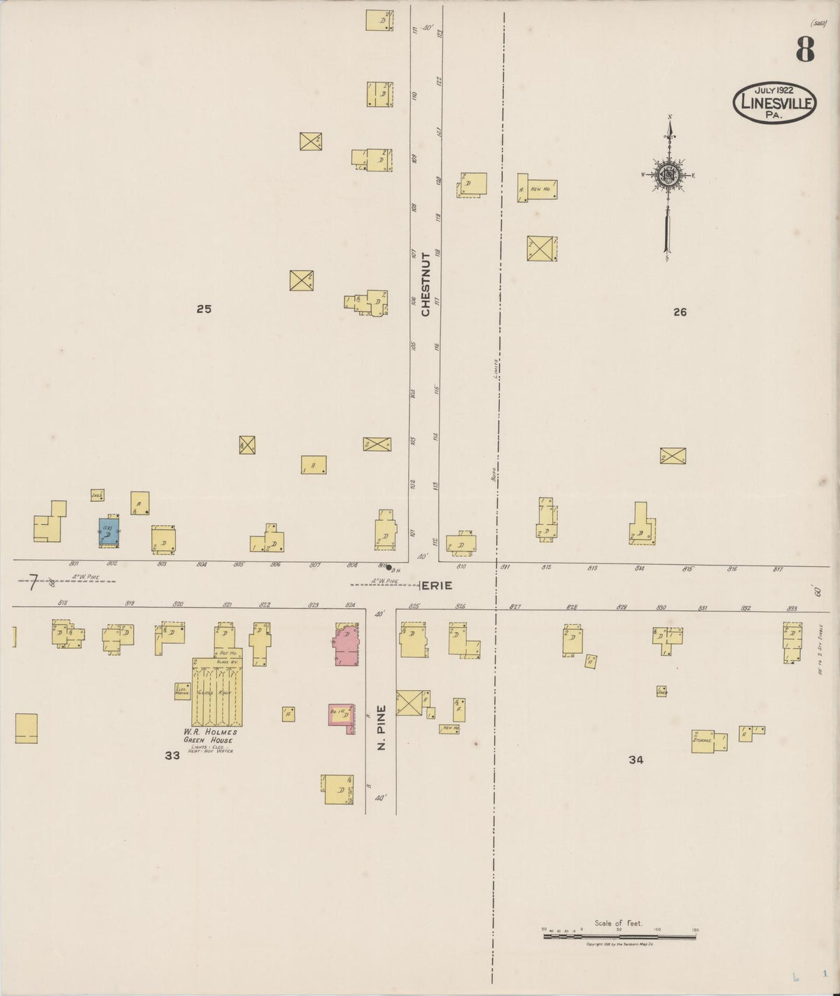 Sanborn Fire Insurance Map from Linesville, Crawford County, Pennsylvania (1922), Sheet #0008 - Historic Sanborn Fire Insurance Map Print, vintage old map wall art, antique decor, genealogy gift, Pennsylvania Pennsylvania map