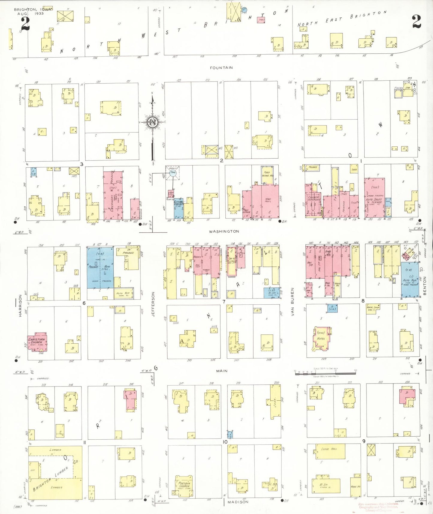 Sanborn Fire Insurance Map from Brighton, Washington County, Iowa (1933), Sheet #0002 - Historic Sanborn Fire Insurance Map Print, vintage old map wall art