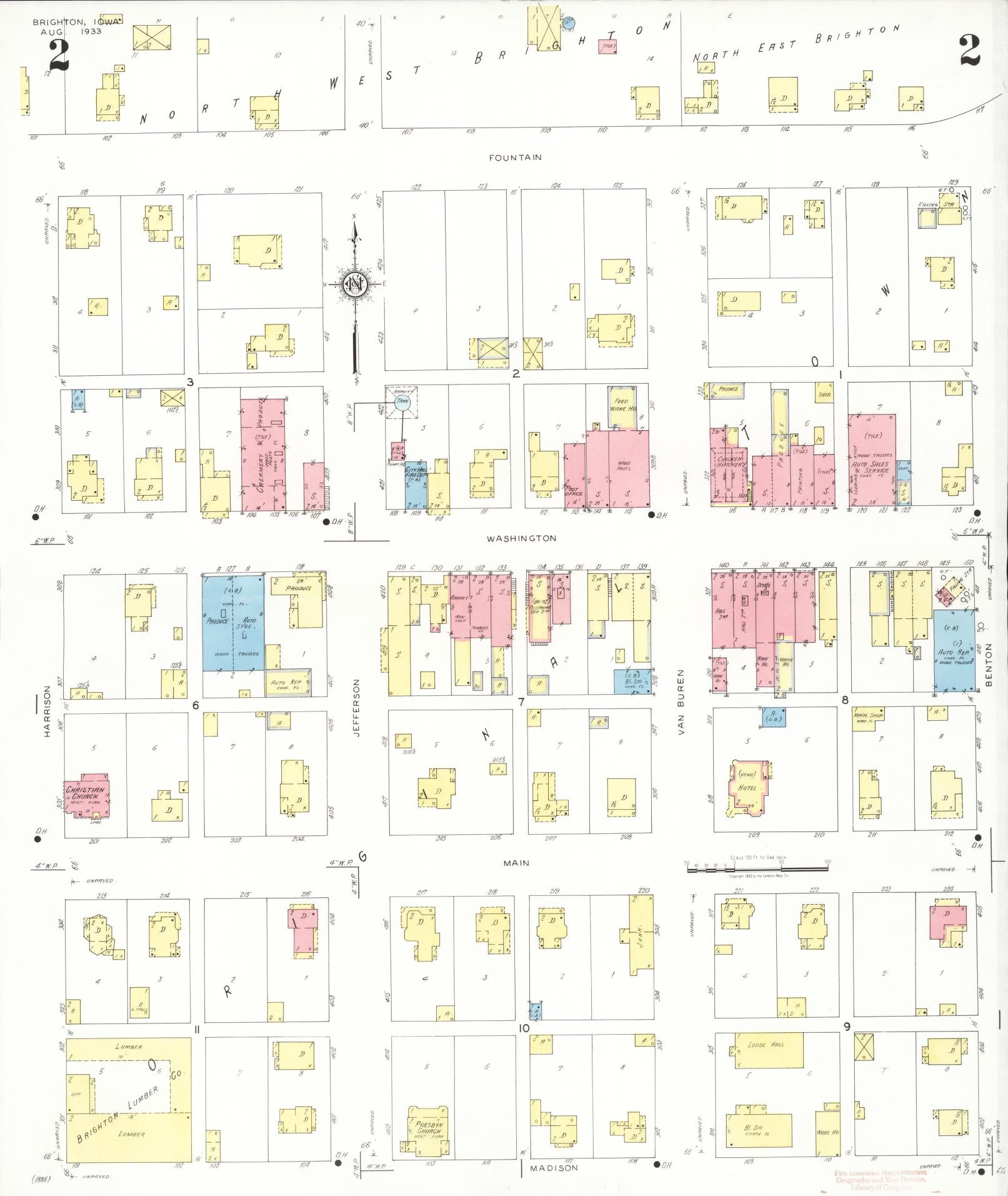 Sanborn Fire Insurance Map from Brighton, Washington County, Iowa (1933), Sheet #0002 - Historic Sanborn Fire Insurance Map Print, vintage old map wall art