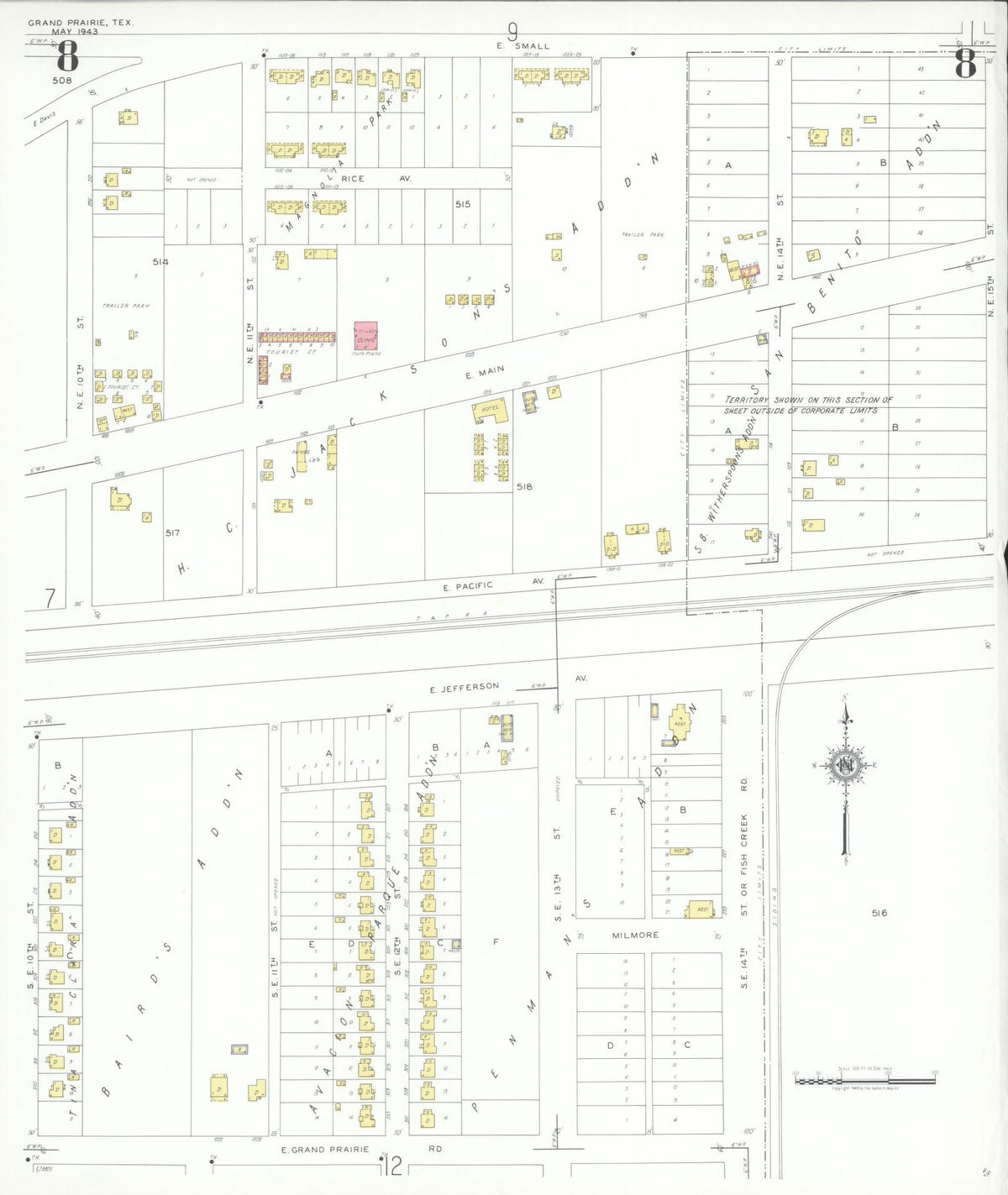 Sanborn Fire Insurance Map from Grand Prairie, Dallas County, Texas (1943), Sheet #0008 - Complete Map Set gallery image, historic Sanborn map, vintage wall art, Texas Texas