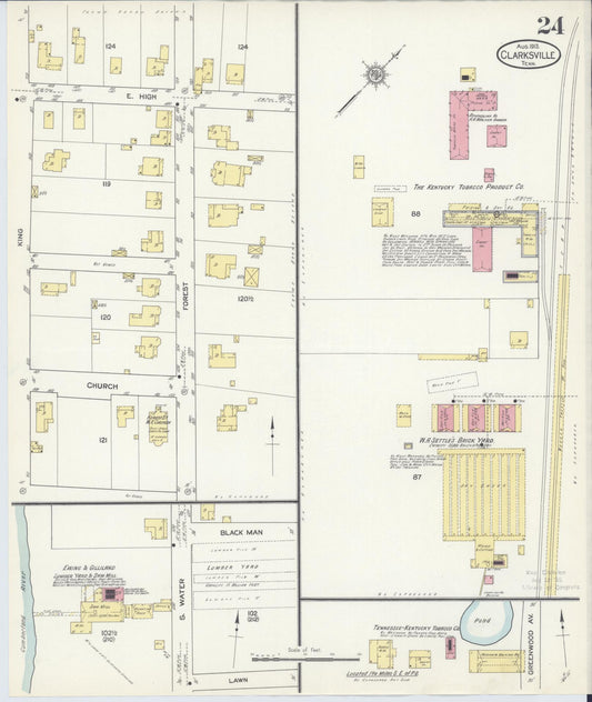 Sanborn Fire Insurance Map from Clarksville, Montgomery County, Tennessee (1913), Sheet #0024 - Historic Sanborn Fire Insurance Map Print, vintage old map wall art, antique decor, genealogy gift, Tennessee Tennessee map