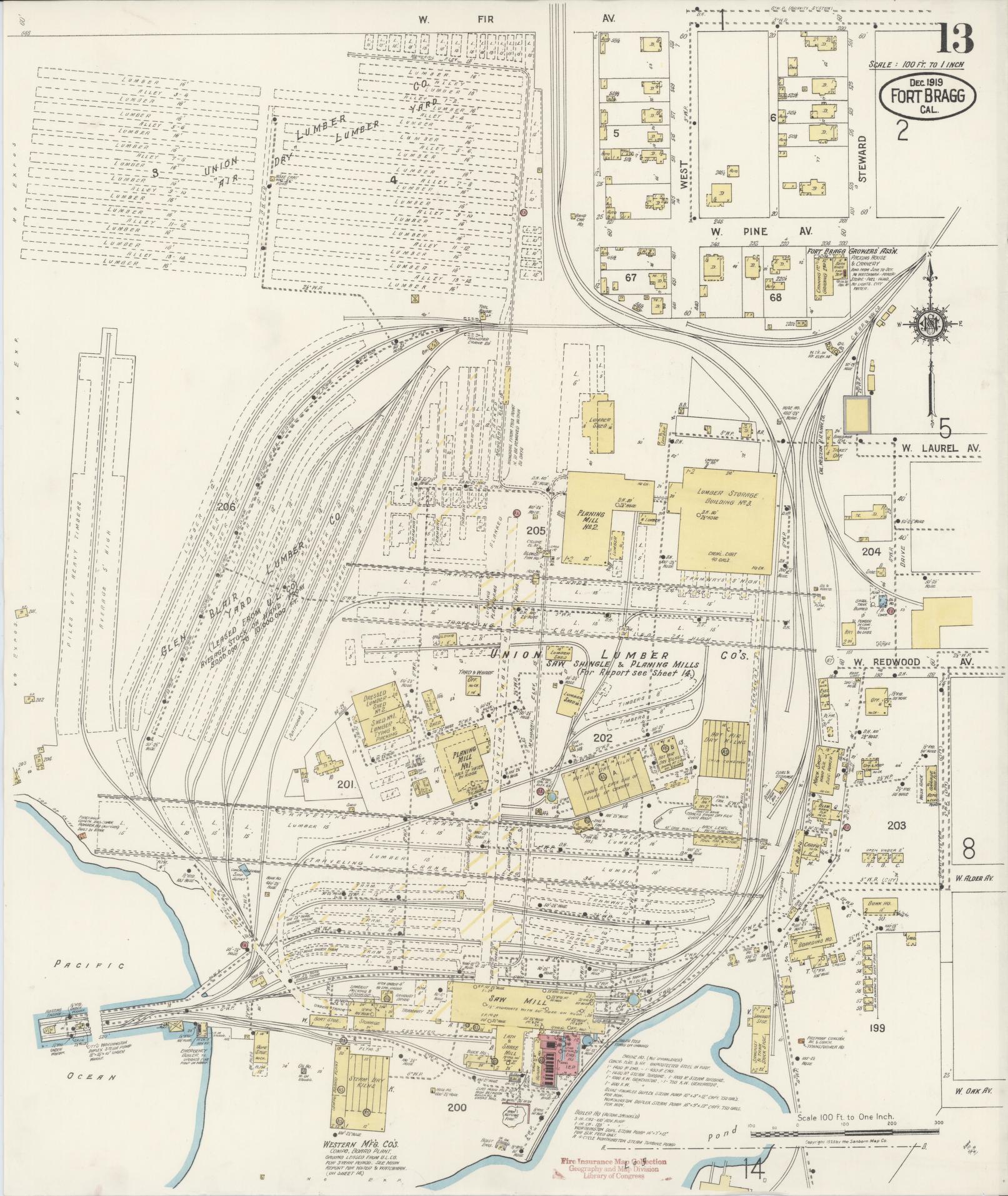 Sanborn Fire Insurance Map from Fort Bragg, Mendocino County, California (1919), Sheet #0013 - Historic Sanborn Fire Insurance Map Print, vintage old map wall art, antique decor, genealogy gift, California California map