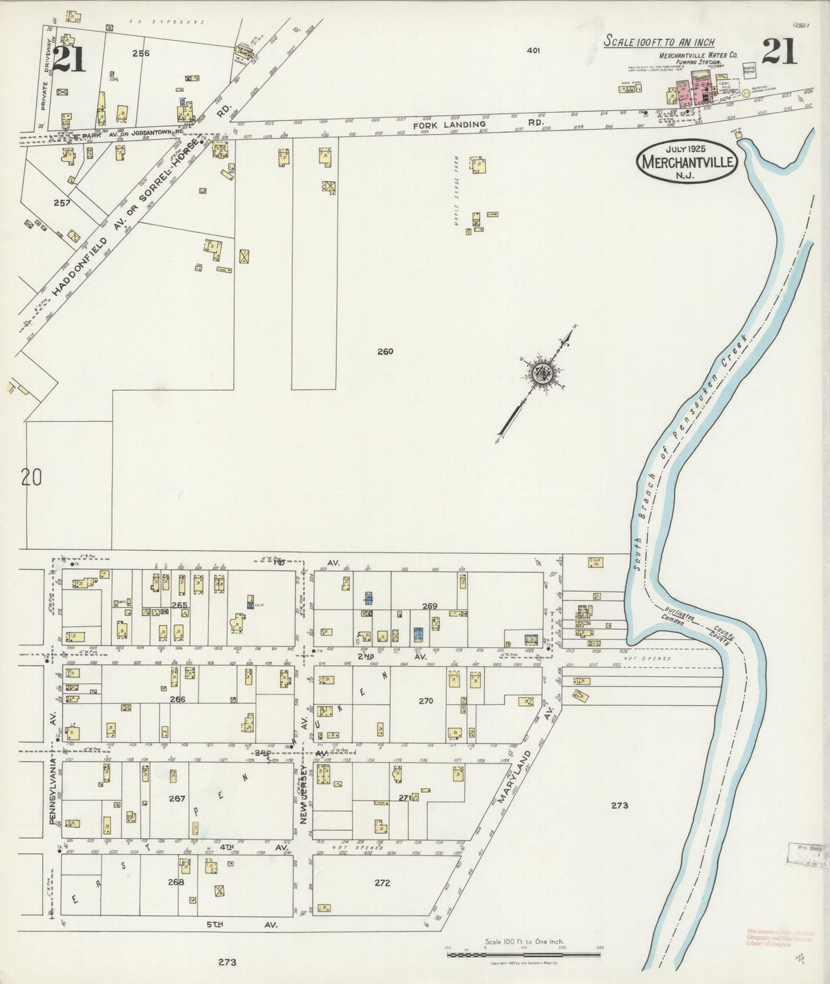 Sanborn Fire Insurance Map from Merchantville, Camden County, New Jersey (1925), Sheet #0021 - Historic Sanborn Fire Insurance Map Print, vintage old map wall art, antique decor, genealogy gift, New Jersey New Jersey map
