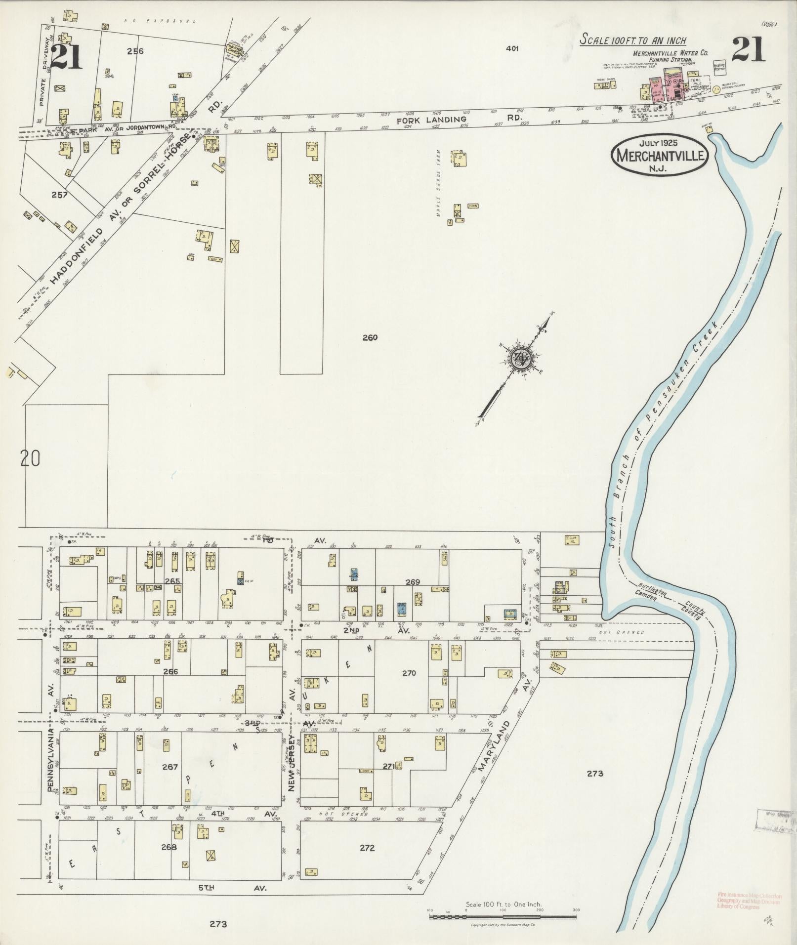 Sanborn Fire Insurance Map from Merchantville, Camden County, New Jersey (1925), Sheet #0021 - Historic Sanborn Fire Insurance Map Print, vintage old map wall art, antique decor, genealogy gift, New Jersey New Jersey map