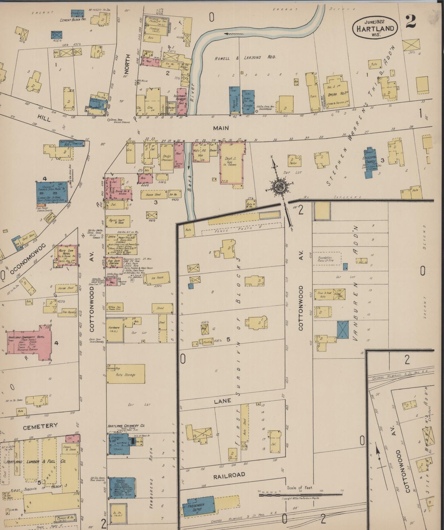 Sanborn Fire Insurance Map from Hartland, Waukesha County, Wisconsin (1922), Sheet #0002 - Complete Map Set gallery image, historic Sanborn map, vintage wall art, Wisconsin Wisconsin