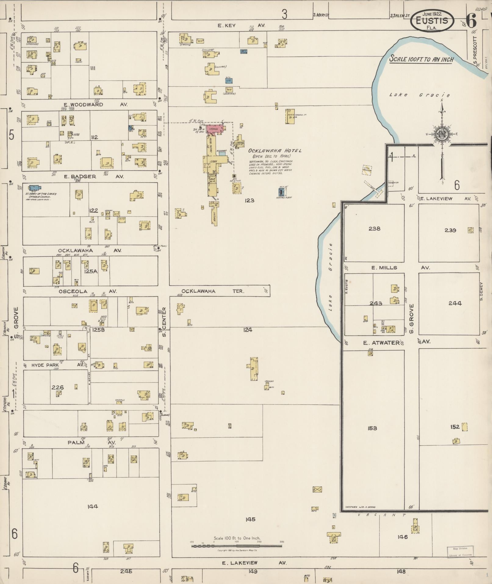 Sanborn Fire Insurance Map from Eustis, Lake County, Florida (1922), Sheet #0006 - Complete Map Set gallery image, historic Sanborn map, vintage wall art, Florida Florida