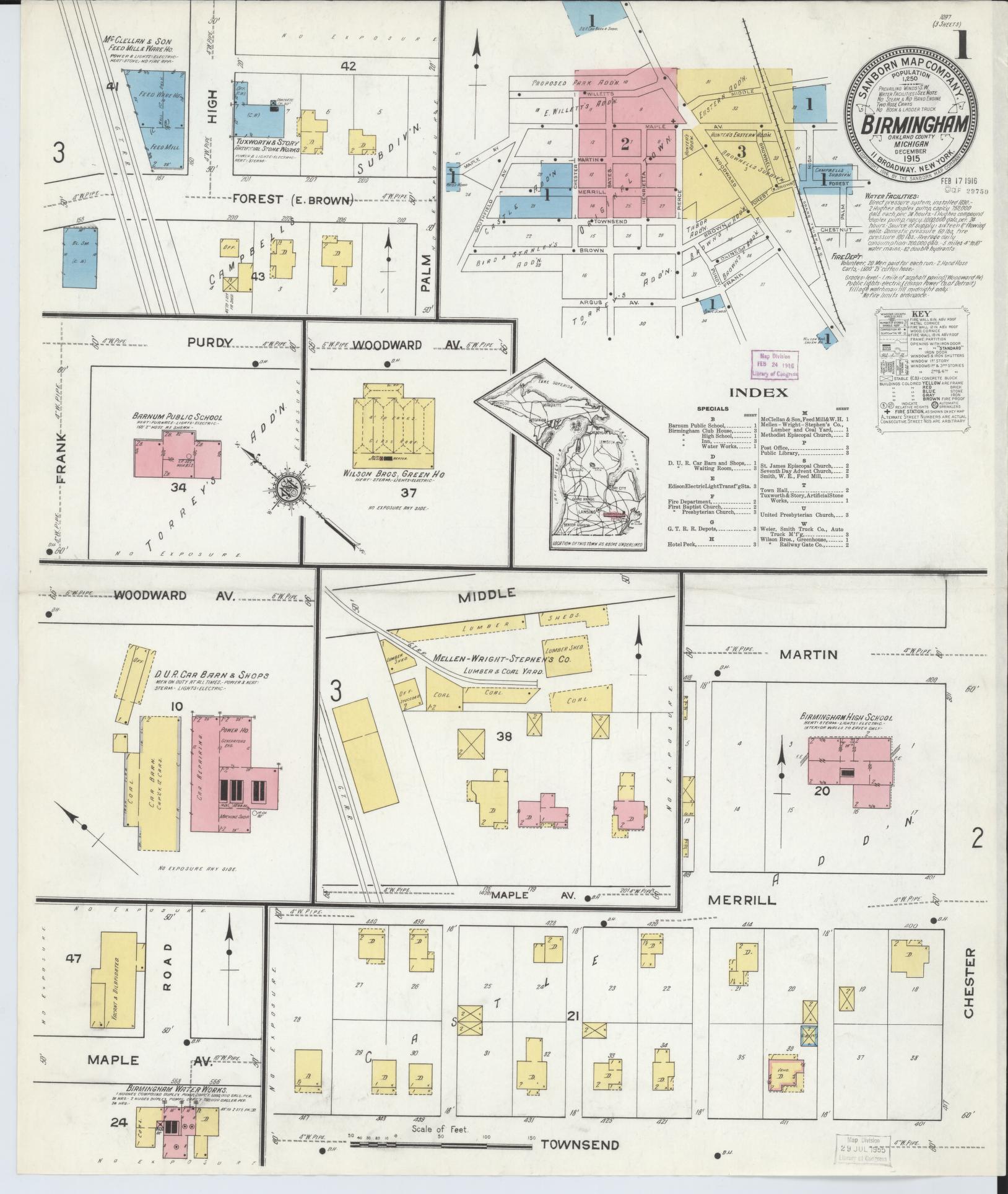 Sanborn Fire Insurance Map from Birmingham, Oakland County, Michigan (1915), Sheet #0001 - Historic Sanborn Fire Insurance Map Print, vintage old map wall art, antique decor, genealogy gift, Michigan Michigan map