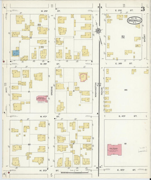 Sanborn Fire Insurance Map from Greenville, Pitt County, North Carolina (1916), Sheet #0003 - Historic Sanborn Fire Insurance Map Print, vintage old map wall art, antique decor, genealogy gift, North Carolina North Carolina map