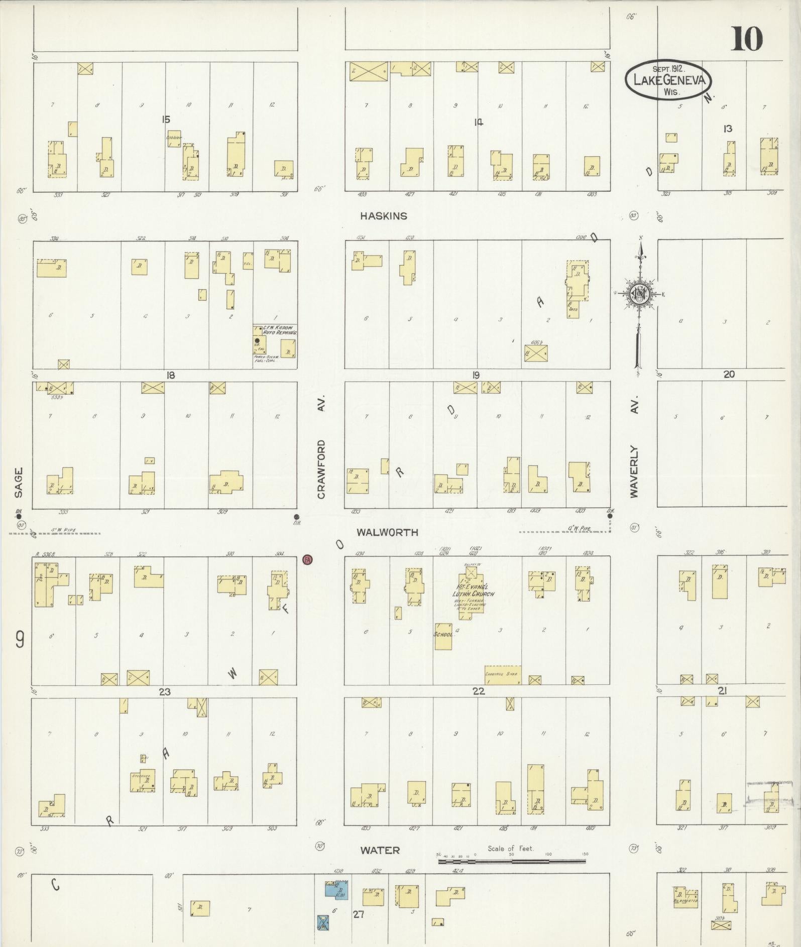 Sanborn Fire Insurance Map from Lake Geneva, Walworth County, Wisconsin (1912), Sheet #0010 - Historic Sanborn Fire Insurance Map Print, vintage old map wall art, antique decor, genealogy gift, Wisconsin Wisconsin map