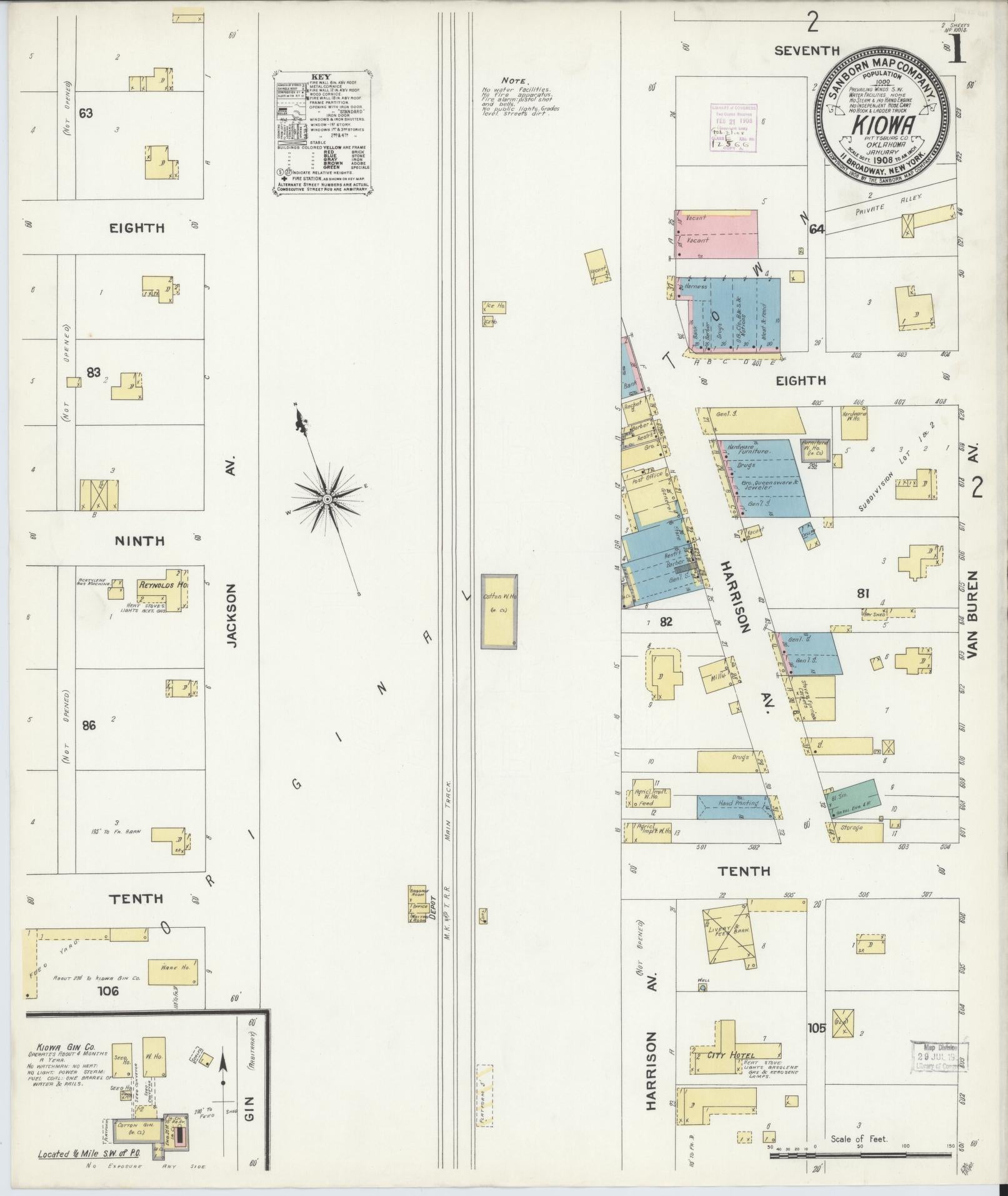 Sanborn Fire Insurance Map from Kiowa, Pittsburg County, Oklahoma (1908), Sheet #0001 - Complete Map Set gallery image, historic Sanborn map, vintage wall art, Oklahoma Oklahoma