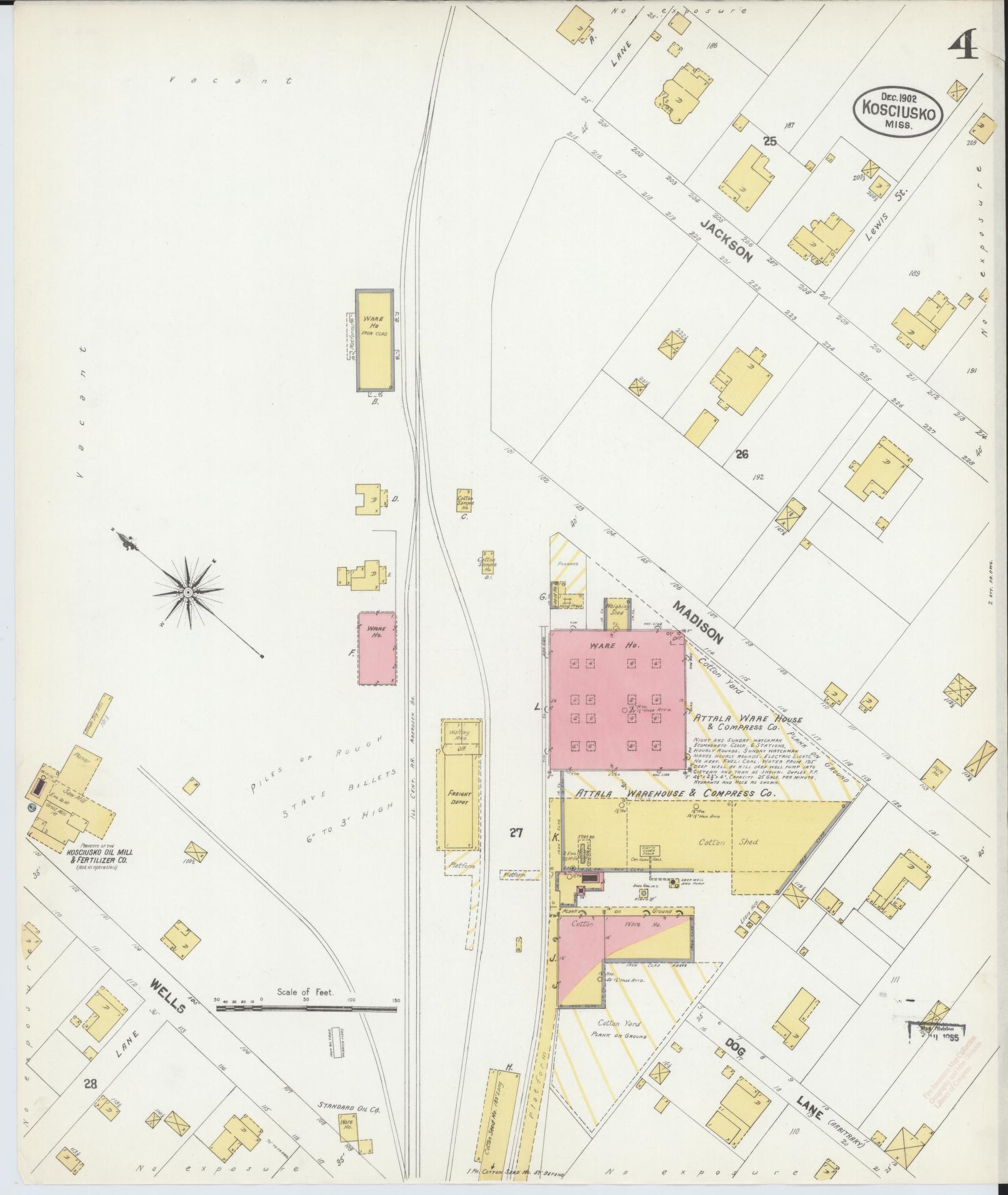 Sanborn Fire Insurance Map from Kosciusko, Attala County, Mississippi (1902), Sheet #0004 - Historic Sanborn Fire Insurance Map Print, vintage old map wall art, antique decor, genealogy gift, Mississippi Mississippi map