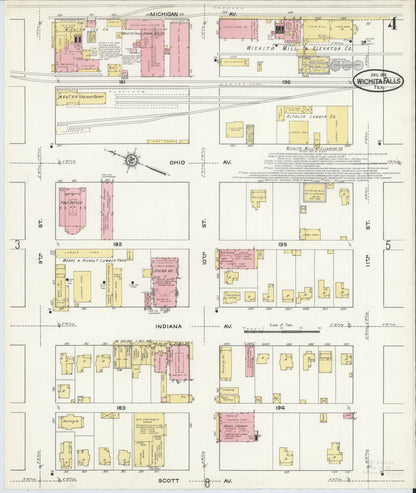 Sanborn Fire Insurance Map from Wichita Falls, Wichita County, Texas (1915), Sheet #0004 - Historic Sanborn Fire Insurance Map Print, vintage old map wall art, antique decor, genealogy gift, Texas Texas map
