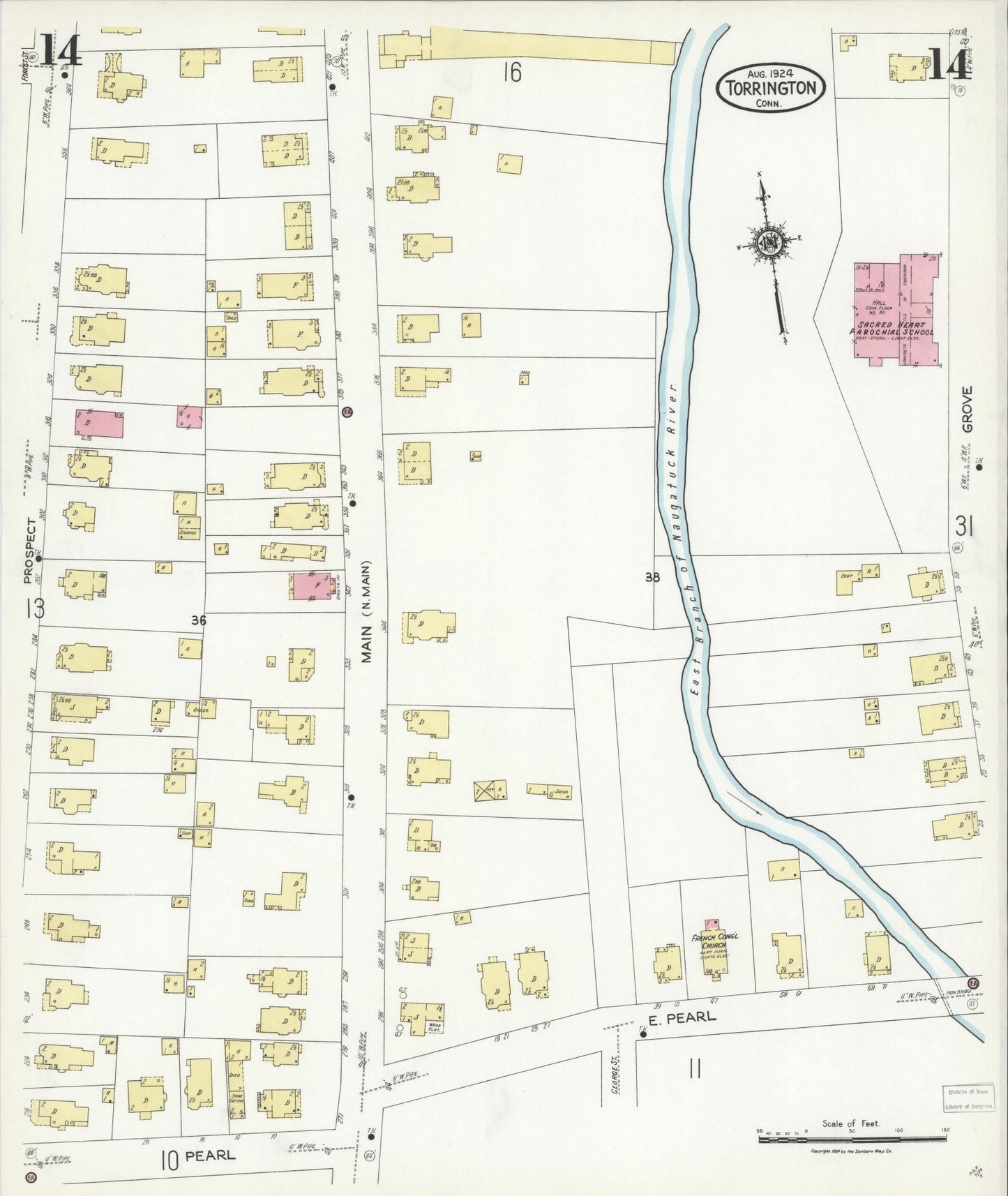 Sanborn Fire Insurance Map from Torrington, Litchfield County, Connecticut (1924), Sheet #0014 - Historic Sanborn Fire Insurance Map Print, vintage old map wall art, antique decor, genealogy gift, Connecticut Connecticut map