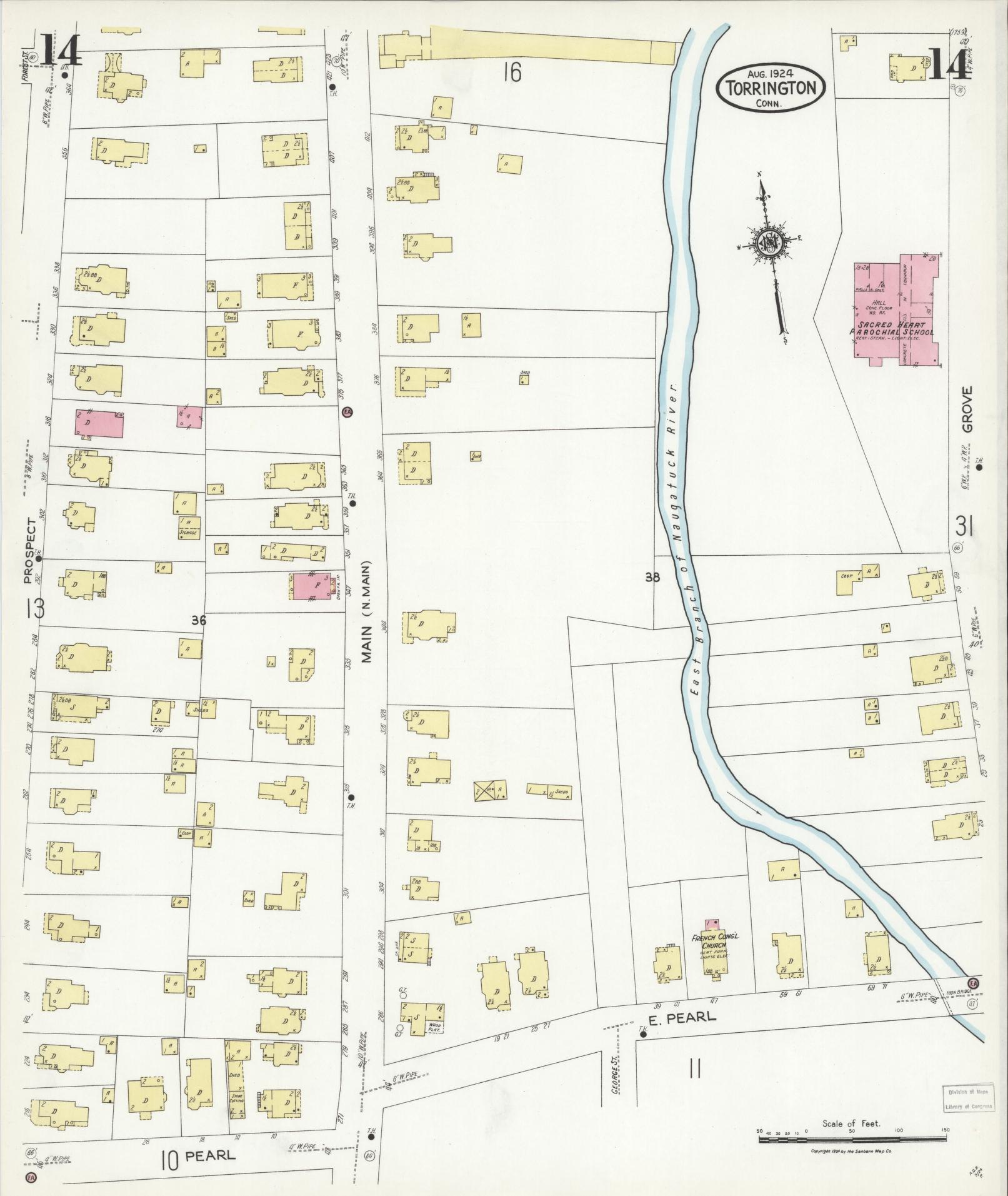 Sanborn Fire Insurance Map from Torrington, Litchfield County, Connecticut (1924), Sheet #0014 - Historic Sanborn Fire Insurance Map Print, vintage old map wall art, antique decor, genealogy gift, Connecticut Connecticut map