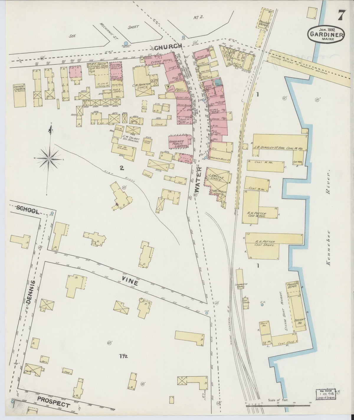 Sanborn Fire Insurance Map from Gardiner, Kennebec County, Maine (1892), Sheet #0007 - Historic Sanborn Fire Insurance Map Print, vintage old map wall art, antique decor, genealogy gift, Maine Maine map